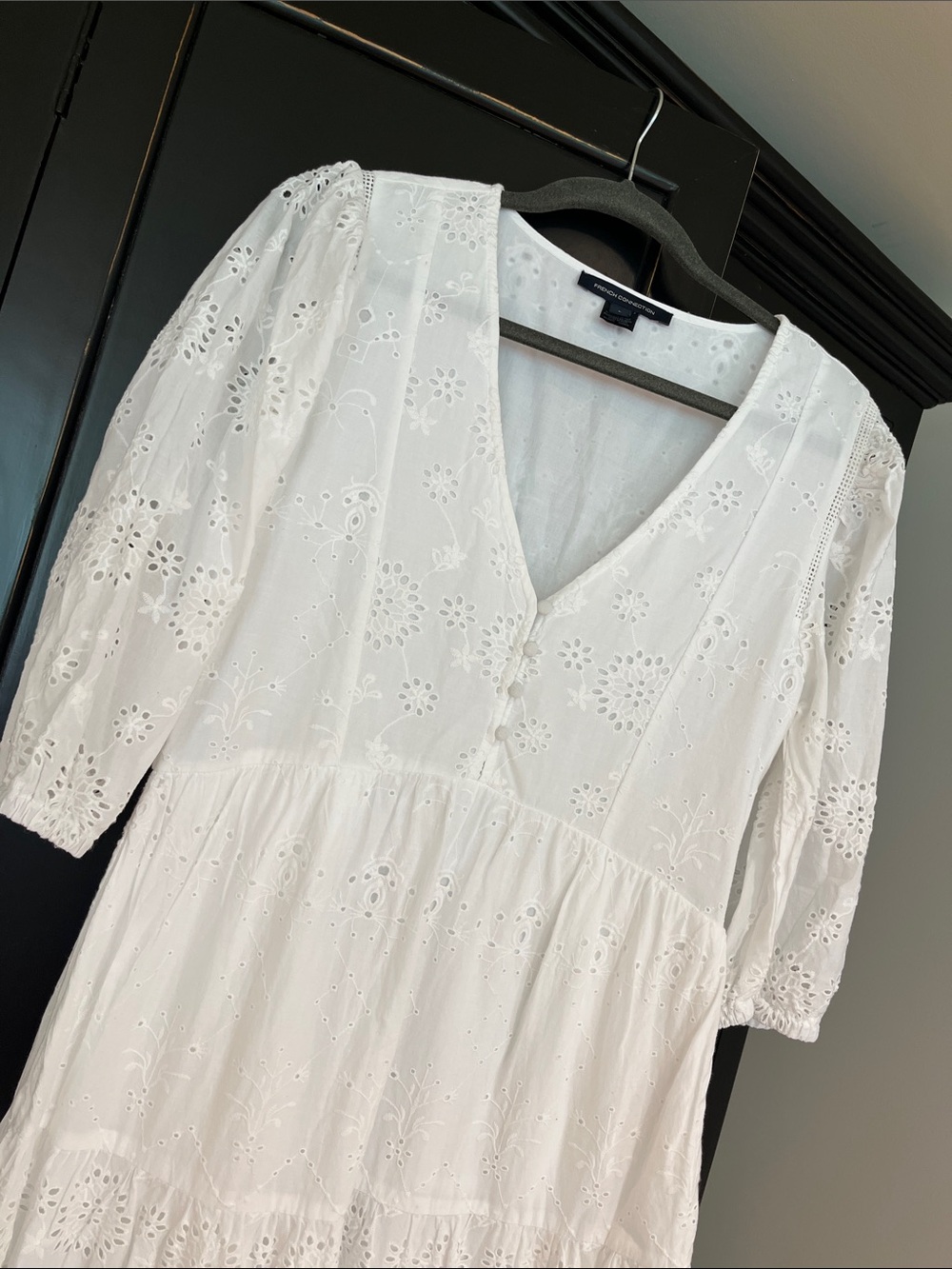 French Connection White Eyelet Midi Dress with pockets cotton size M-L